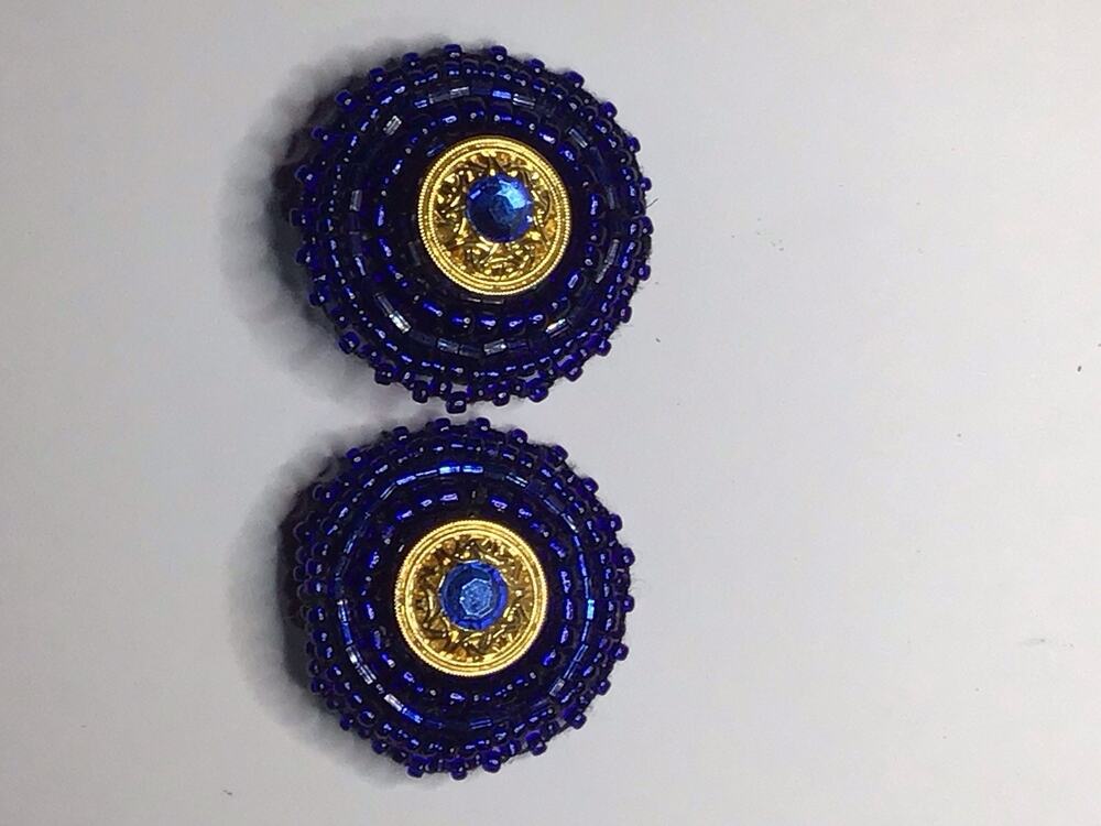 Handcrafted Blue Gold Bead Embroidered Earrings Round Stud Post Handmade Gift